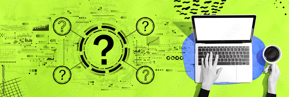 Aufkleber question marks with person using a laptop computer