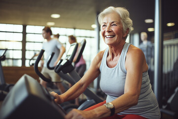 Fitness training for mature individuals, senior woman in the gym, active aging