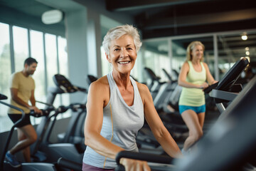 Elderly woman doing gym exercises, fitness for seniors, healthy aging, active lifestyle