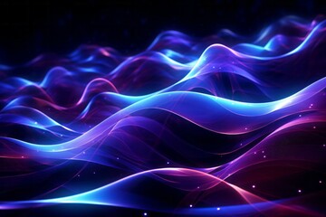 Abstract background neon colored gradient wave of futuristic hi-tech waves dots pixel particles flying with glow effect and background blur.