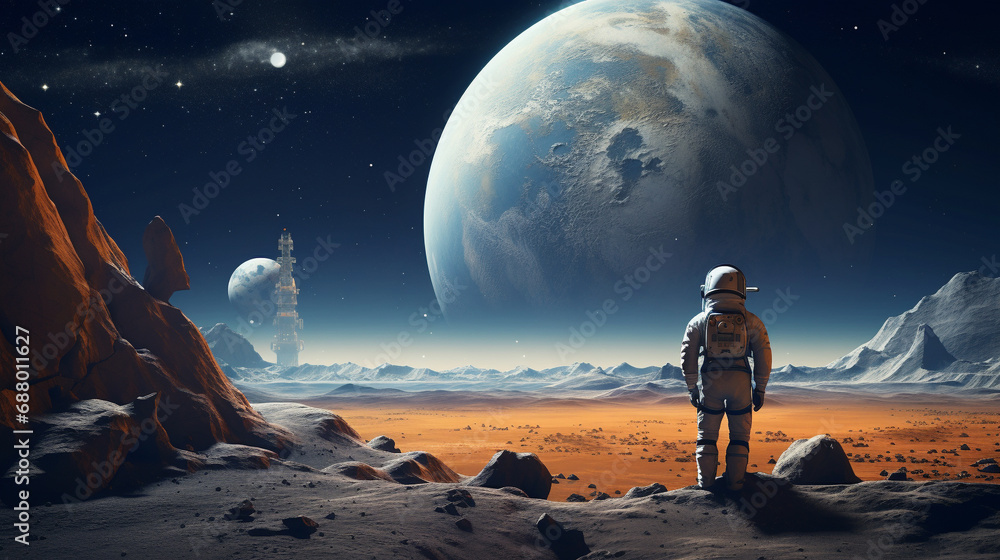 Wall mural amazed astronaut on a planet surface watches another planet. astronaut navigating alien landscapes, 
