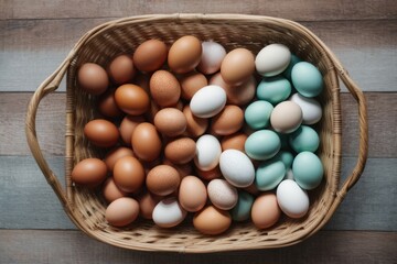 Top view of a variety of colorful eggs in a basket on a brown wooden background. Food, agriculture, Easter concepts.