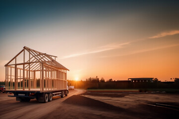 transportation of a frame modular house by truck, delivery of the house frame