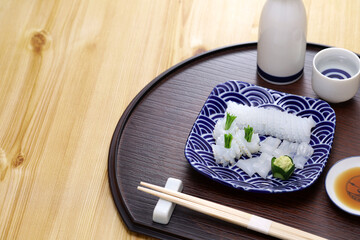 Aori-ika ( oval squid ) sashimi, Japanese cuisine. copy space