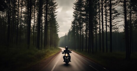 motorcyclist rides a motorcycle along a forest asphalt road wearing a helmet.