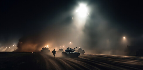 column of military tanks stands at night. military action concept - obrazy, fototapety, plakaty