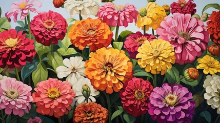 a cluster of zinnia blooms, with their vibrant and varied colors, graces a white canvas, forming a visually stunning and cheerful floral masterpiece that brightens any space with its joyful presence.