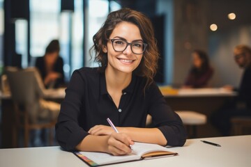 Portrait of smiling pretty young business woman in glasses sitting on workplace