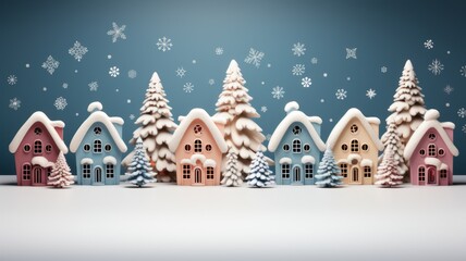 Winter landscape with snow-covered residential area and frost-covered trees under a stormy sky