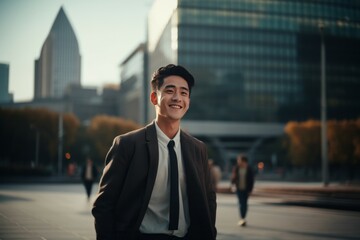 Portrait of positive asian man standing outdoors, 