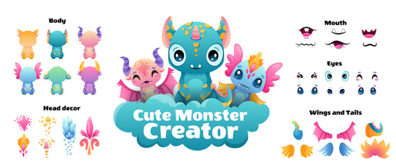 Create your Monster and collect cute aliens and funny creatures. Cartoon character creation kit with all elements and body parts. Vector children illustration - obrazy, fototapety, plakaty