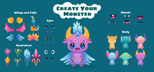 Cute Monster Dragon cartoon constructor kit, with body parts, alien eyes, mouths teeth, wings and horns for kids toys, video games and halloween designs. Vector flat colorful illustration