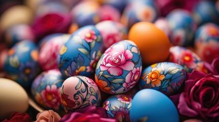 Fototapeta na wymiar Colorful Easter Eggs Nest Floral Decorations, HD, Background Wallpaper, Desktop Wallpaper