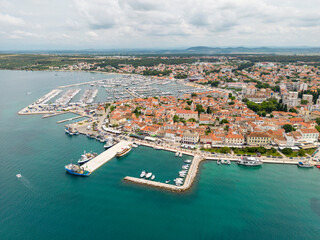 Croatia, Zadar County, Biograd na Moru, Aerial view of coastal town on Adriatic sea