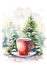 Coffee mug with decorated Christmas tree in background. Postcard, poster design. Ai Generative