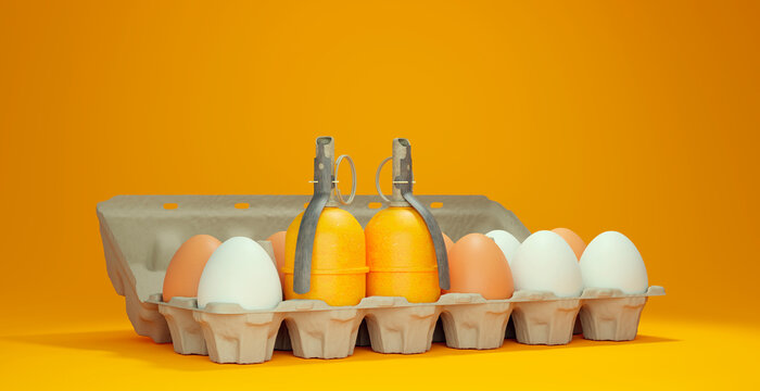 3D render of egg carton with two hand grenades