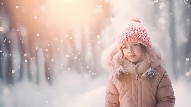 Magical fairy tale winter landscape with snow fall. Outdoor close up photo of young beautiful happy smiling girl walking on street. Wearing stylish white knitted winter hat and gloves. Copy, empty spa