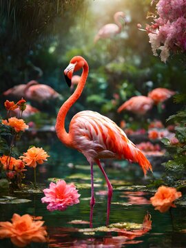 flamingo in the water in the enchanted jungle , pink flowers in the background, flamingo potrait