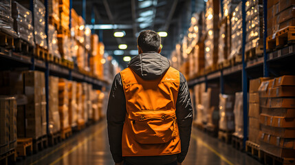 Obraz premium Efficient Fulfillment Logistics: Inside a Retail Warehouse with a Worker in Vest.