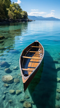 Vertical banner image of an old isolated wooden fishing boat decking on lake side and floating on clear blue water on a calm lake in a sunny day 