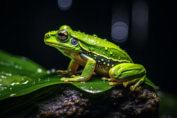 Fototapeta premium One very interesting moment in nature. Green frog up close. The frog jumps on a green leaf. Dark background