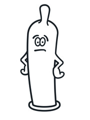 Condom cartoon character looking sceptical vector illustration, outline style
