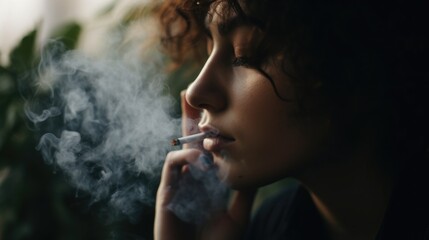 Marijuana Awareness Month concept. A girl surrounded by smoke against a background of cannabis leaves - obrazy, fototapety, plakaty