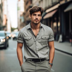 Fototapeta na wymiar American male model wearing a gray short-sleeve denim top. European street model with masculine and muscle body. Suitable for product promotions and mockups