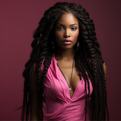 beautiful black model, woman with long hair waering pink making a curious face