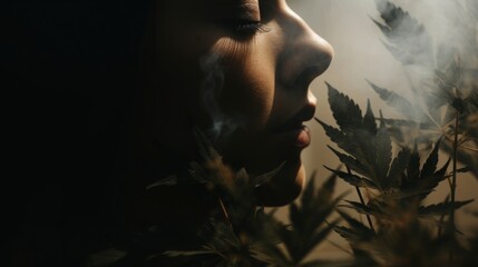 Marijuana Awareness Month concept. A girl surrounded by smoke against a background of cannabis leaves - obrazy, fototapety, plakaty