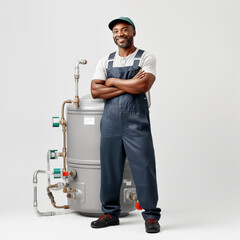Handsome plumber with pipe wrench and flexible hose isolated on white
