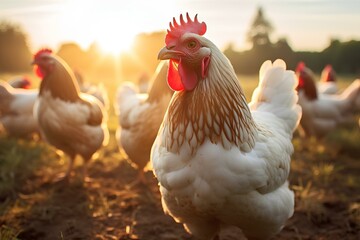 Fototapeta premium Chickens walk on the grass on the farm, hen poultry and laying hens. Animal husbandry, chickens walking in nature on a sunny day.