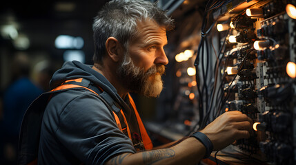 Obraz premium Skilled Electrician at Work: A Mature Male Professional Managing Electrical Connections in a Switchboard