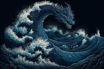 Blue chinese water dragon in the waves, black background, oriental painting style, Year of the Dragon, Generative AI