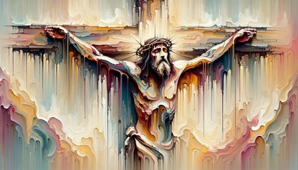The Crucified Christ: Impressionist Painting Capturing Jesus's Crucifixion with Dripping Sacrificial Blood. - obrazy, fototapety, plakaty