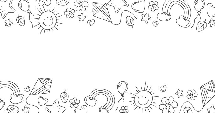 Hand draw Kids doodle background. Objects from a child's life. Cute baby shower template with toys and Place for text