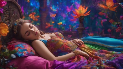 sleeping beauty in a fantasy forest, woman sleeping beauty lies sleep on bed
