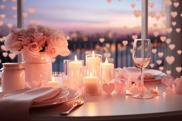 Valentine dinner setup mockup with romantic pastel-colored lights