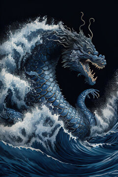 Blue chinese dragon in the ocean waves on a black background, oriental style illustration, Year of the Dragon, vertical, Generative AI