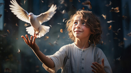 Boy with beautiful curly hair releases a white dove from his hands against the backdrop of a fairytale forest and flying butterflies and leaves. - obrazy, fototapety, plakaty