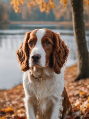 Adorable welsh english cocker spaniel dog portrait in autumn