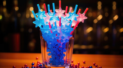 Cocktail tubes of different colors with stars in a glass glass on a bar table on a blurred bar background. - obrazy, fototapety, plakaty