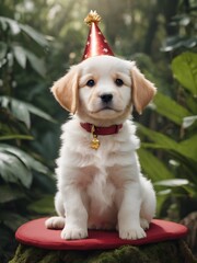 Cute puppy wearing red happy birthday cap , dog photography 