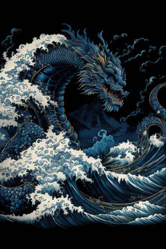 Blue water chinese dragon in the great ocean waves on a black background, oriental painting style, Year of the Dragon, vertical, Generative AI