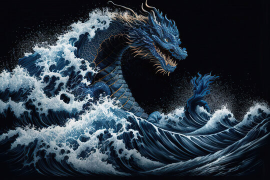 Blue water chinese dragon in the great wave, black background, oriental painting style, Year of the Dragon, Generative AI