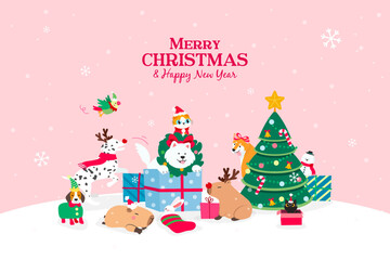 Merry Christmas and Happy New Year Greeting Card Vector illustration. Cute pets in Christmas costume.