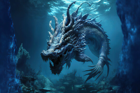 Underwater monster in blue water, Generative AI