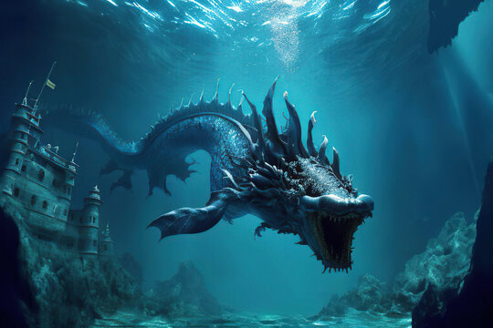 Underwater monster swimming in blue water in the background of the underwater castle, Generative AI
