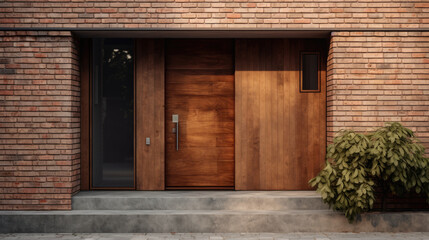 Fototapeta na wymiar Modern beautiful brick house with a wooden front door. Green grass, brick, thoughtful landscaping. Cozy home.