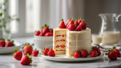 delicious vanilla cake with nuts and chocolate with colorful sprinkles and strawberries and with blackberries background photo
